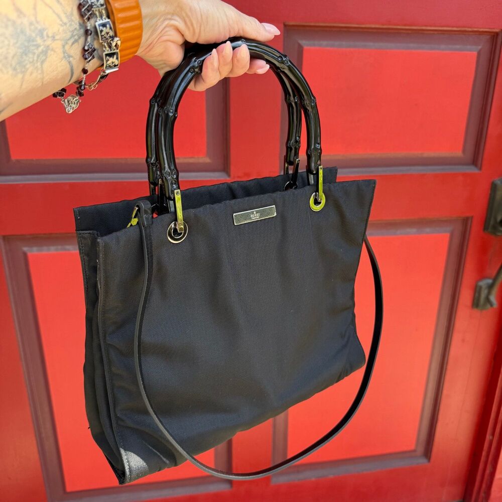 Gucci Bamboo Handle Nylon Tote Black 2-Way Shoulder Bag Vintage Tom Ford Era
